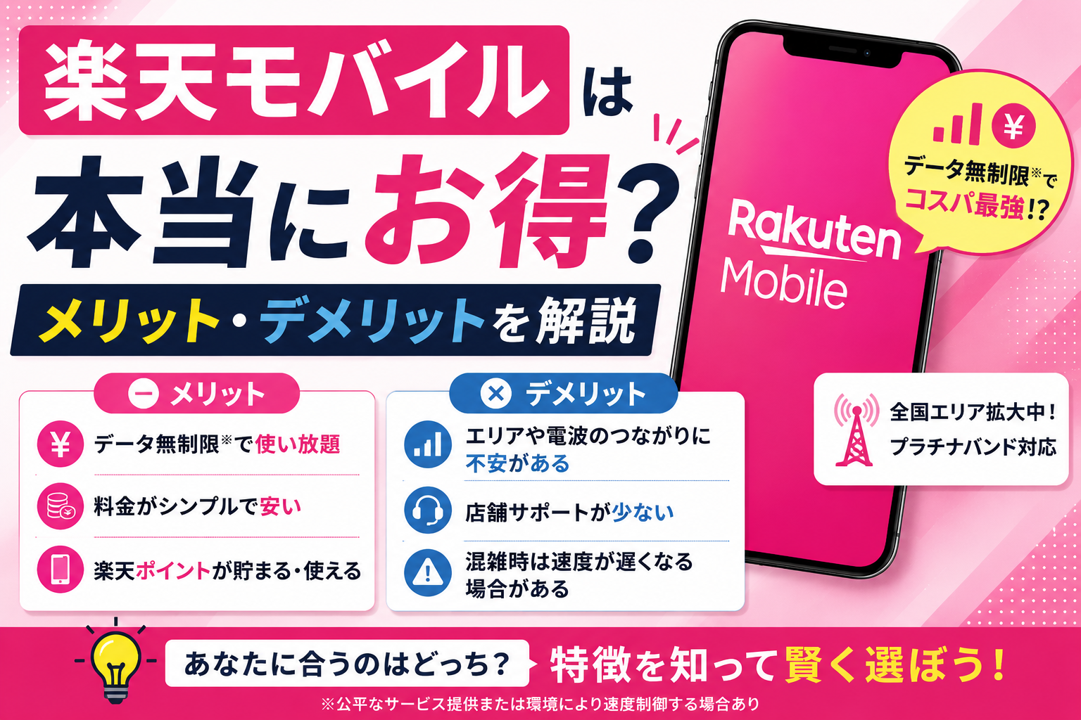 楽天モバイルのメリットとデメリットを解説するイメージ画像