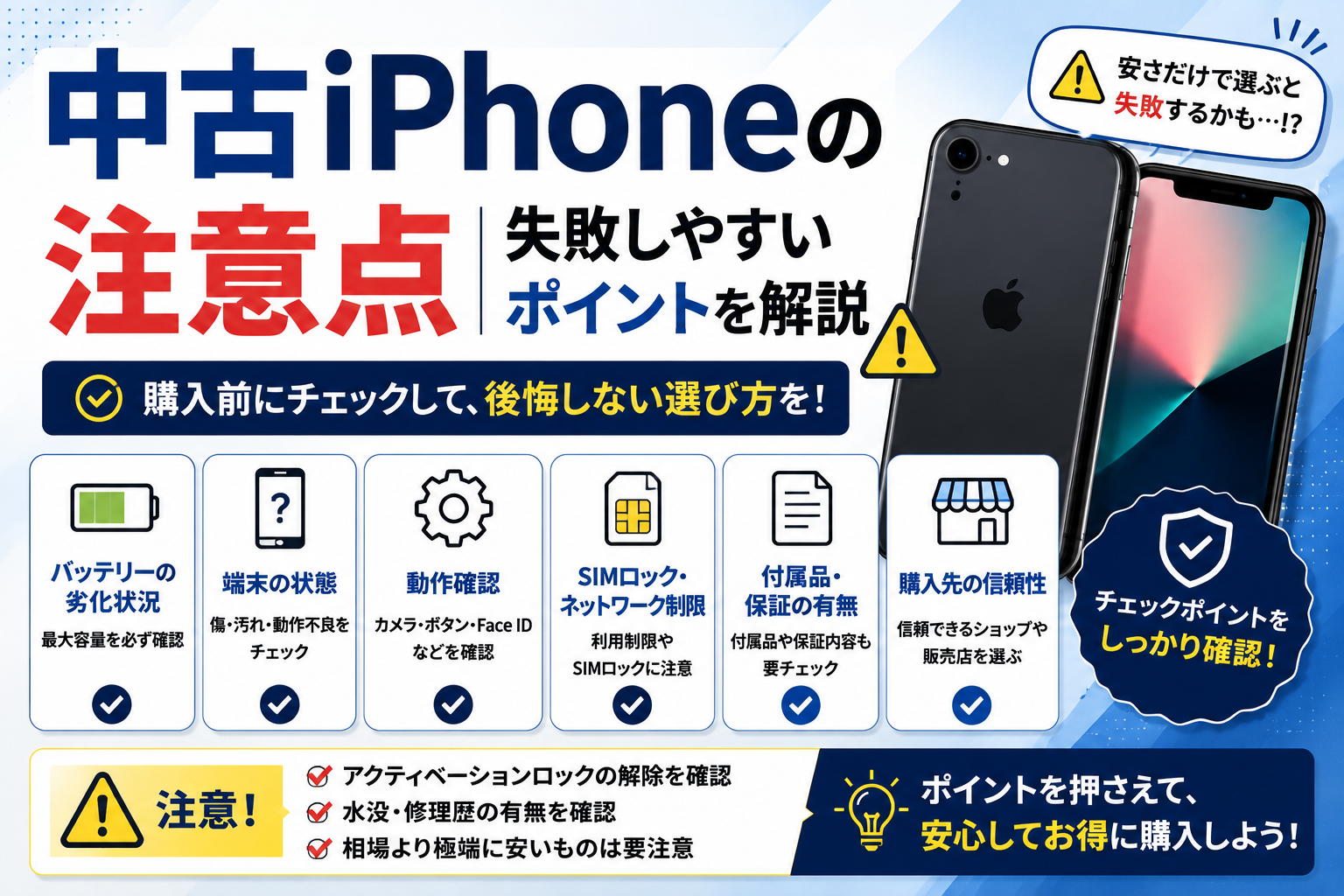 中古iPhone購入時の注意点を解説するイメージ画像